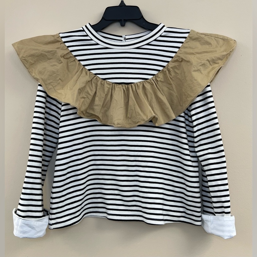 English Factory Striped Black and White Top with Tan Ruffle